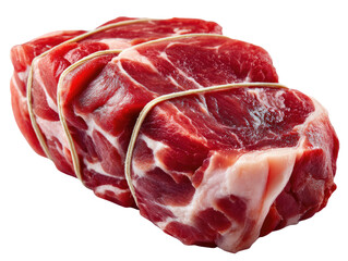 Fresh Cuts: A captivating image of freshly cut raw meat, expertly prepared and tied, showcasing the vibrant red hues and textures of high-quality food products.