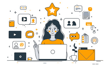 Online Influencer Marketing Strategy: A young woman sits at her laptop, surrounded by icons representing various social media platforms, indicating a successful online influencer marketing strategy.