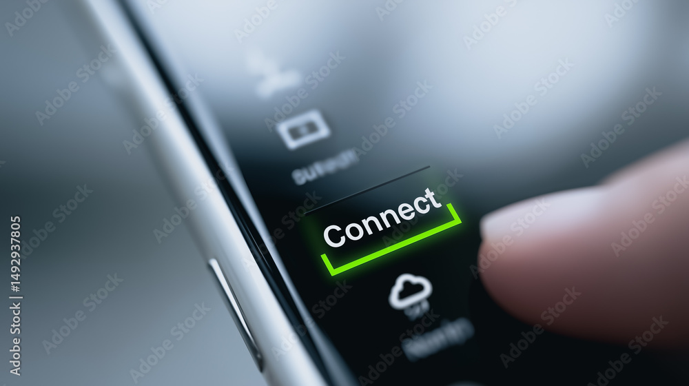 Poster digital connection: a finger presses the vibrant 'connect' button on a sleek device, symbolizing sea