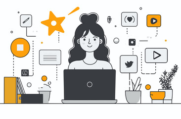 Digital Creator's World: The image depicts a digital creator at work with an array of icons representing social media and creative tools, illustrating the digital realm's boundless potential.