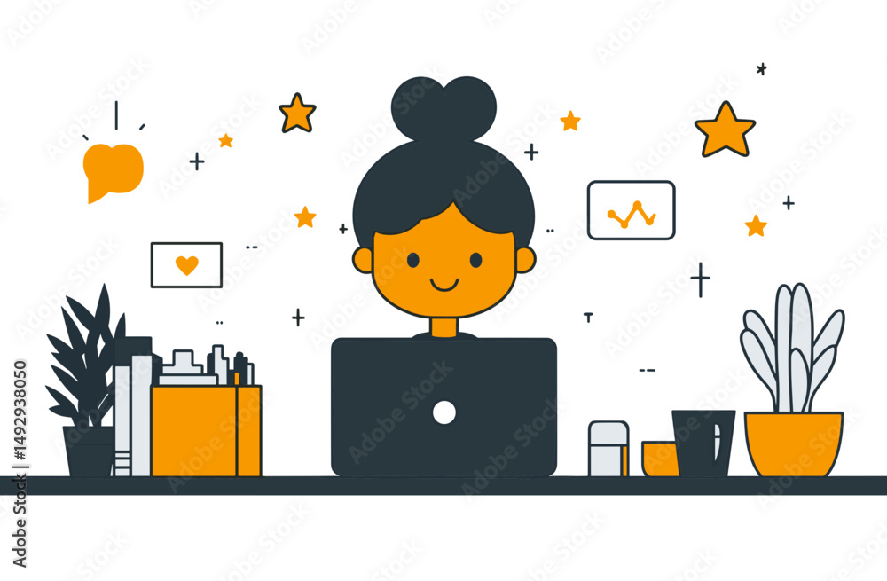 Poster digital workspace: a charming illustration captures a cheerful character immersed in their digital w