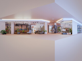 Sofas and chairs in living space. 3d rendering of furniture store.