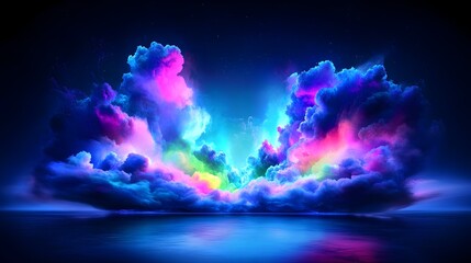 Vibrant, iridescent cloudscapes glow with neon hues over a dark, still ocean, reflecting light