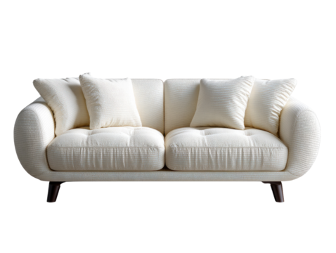 Cream Sofa with Pillows: Elegant cream-colored sofa featuring a comfortable button-tufted design and stylish wooden legs, accompanied by plush pillows for ultimate relaxation. 