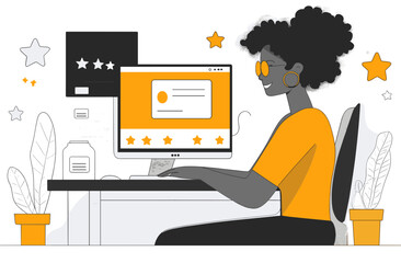 Positive Online Review: A happy person is giving a positive review on the computer.  Stars and positive feedback are shown on the screen.