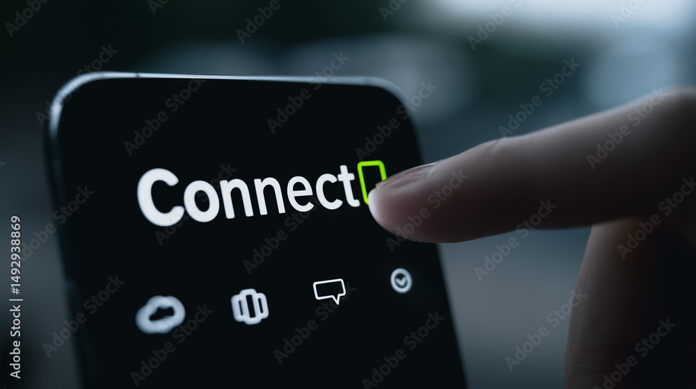 Poster connect button touch: a fingertip gracefully presses the 