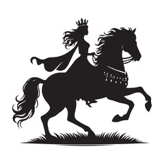 silhouette of a princess riding a horse, editable vector image