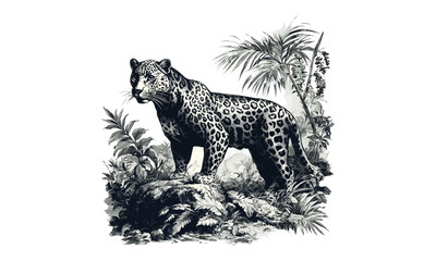 Hand-drawn Leopard in Jungle, Vintage Safari Art, Detailed Black Sketch, Engraved Wildlife Print, Rustic Jungle Decor, Nature Illustration, Trendy Animal Wall Art
