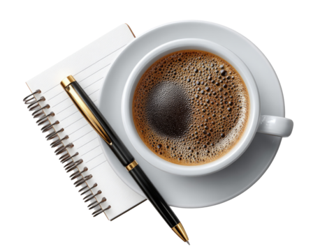 Coffee and Thought: An overhead view of a cup of steaming coffee, a notebook, and a pen, symbolizing morning thoughts, new ideas, and work breaks. The coffee sits atop a saucer.