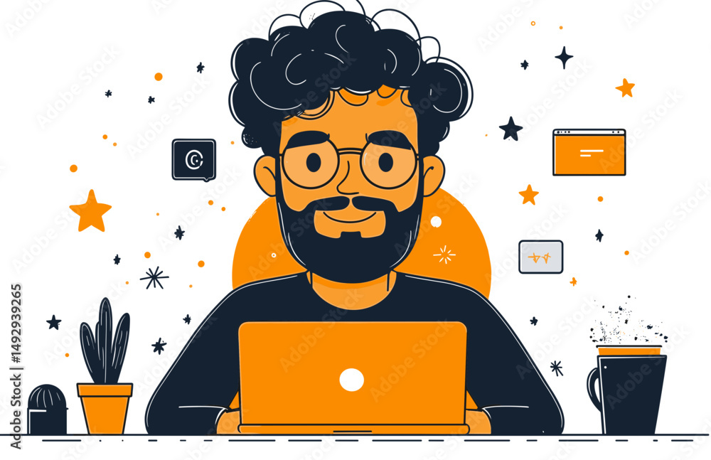 Poster happy programmer: a cheerful illustration of a programmer working on his laptop, surrounded by icons