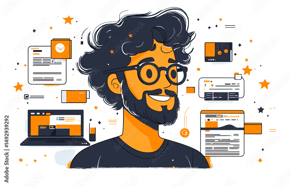 Poster tech savvy: a digital rendering of a man surrounded by glowing interface elements, conveying a sense