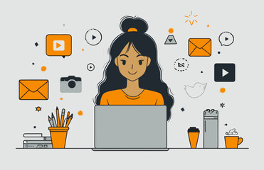 Digital Creator: A young woman, engrossed in her work at a laptop, is surrounded by an array of digital elements.