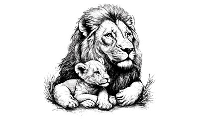 Engraved Lion and Cub, Black Sketch Effect, Detailed Hand-drawn Animal Art, Rustic Wildlife Design, Vintage Safari Illustration, Nature Wall Art, Old Engraving Style