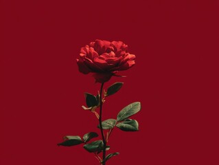 Elegant red rose blossom against matching background, studio shot, single flower, romantic, moody, floral beauty, botanical