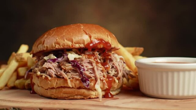 Pulled Pork Sandwich with Red Cabbage and French Fries on Wooden Board in Dark Background