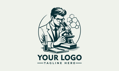 Vintage style male scientist carefully observed a microscope in laboratory research setting. Science concept
