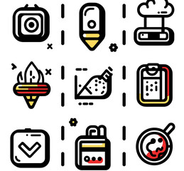 Essential Kitchen Icons: A collection of illustrative icons representing various kitchen essentials, perfect for culinary and food-related projects, set against a clean backdrop.