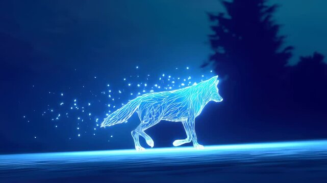 Glowing blue wolf silhouette digital art, magical animal walking in night forest, fantasy atmosphere with sparkling particles, mysterious illuminated futuristic scene