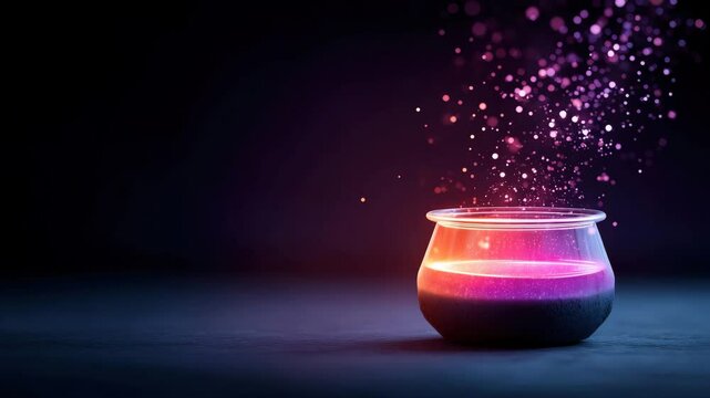 Glowing magic cauldron with pink and purple light and sparkling particles, mystical fantasy atmosphere with magical glowing candle glass jar emitting enchanting pink and purple light, dreamy