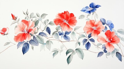 Obraz premium Watercolor painting of red and blue flowers on a branch with leaves.