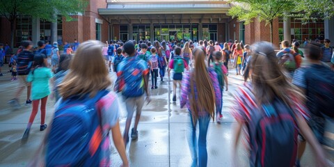 A group of school children walking through brightly lit school hallway. The long exposure effect of elementary student walking and going to school while wearing casual cloth. Education concept. AIG55.