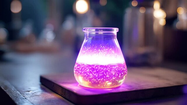 Glowing purple potion in glass flask sits on wooden surface, emitting magical light and creating mysterious, enchanting atmosphere with sparkling particles and soft bokeh lights in background