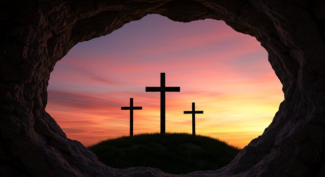 Three Crosses on Hill at Sunset