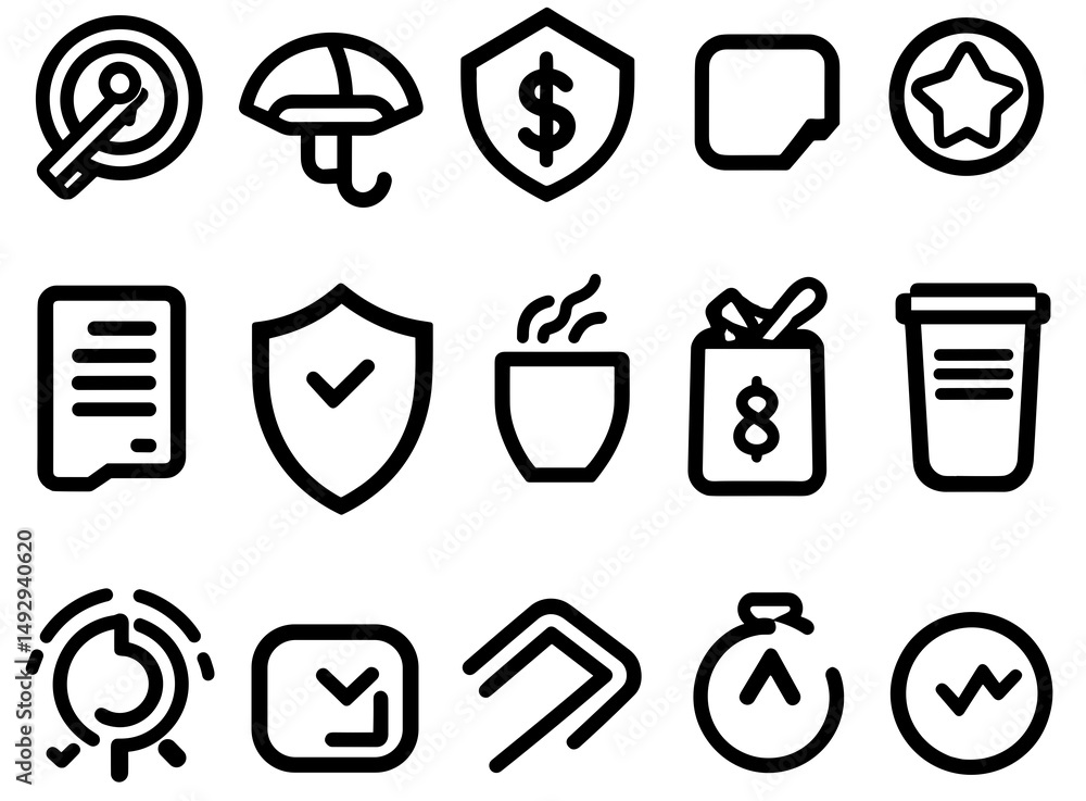 Poster iconic essentials: a collection of simple black line icons represents a range of concepts, from fina