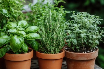 Fototapeta premium Fresh kitchen herbs in clay pots