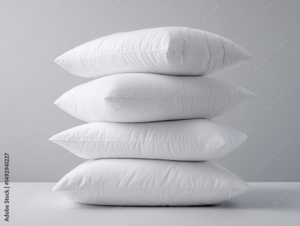 Poster stack of four white pillows in studio setting close up view for bedding or sleep concepts and bedroo