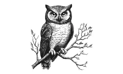 Vintage Engraved Owl with Branches, Hand-drawn Night Bird Sketch, Rustic Nature Art, Nocturnal Animal Illustration, Black Sketch Effect