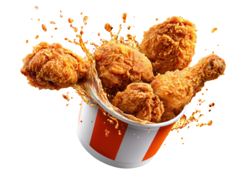 Crispy Fried Chicken Extravaganza: A mouthwatering spectacle of golden, crispy fried chicken pieces erupting from a classic bucket, showcasing deliciousness. 