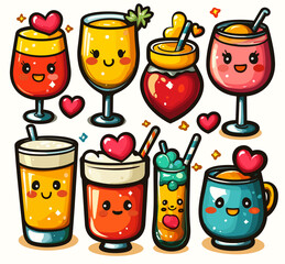 Cute Drink Collection with Hearts: A charming collection of eight adorable beverages, each adorned with a heart, radiating warmth, sweetness, and cheerfulness.