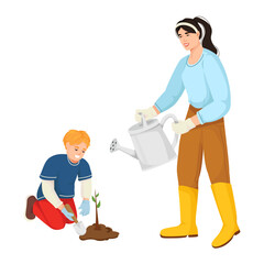 Woman and child gardening, planting a sapling and watering it, cartoon style on white background. Concept of eco education. Vector illustration