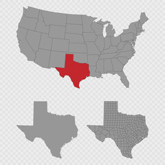 Texas map set with USA location, clean outline, and full county breakdown.