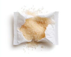 A torn open package of light brown sugar spills its contents onto a white background. The warm color contrasts with the crisp white.