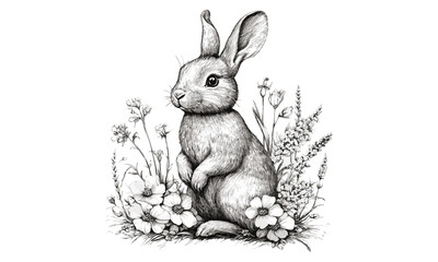 Engraved Rabbit in Spring Flowers, Hand-drawn Animal Illustration, Rustic Nature Print, Vintage Sketch Style, Wildlife Art, Spring Home Decor, Countryside Animal Illustration