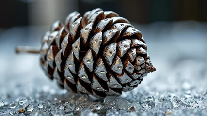 Closeup of pine cone resting on frozen surface during winter - Powered by Adobe