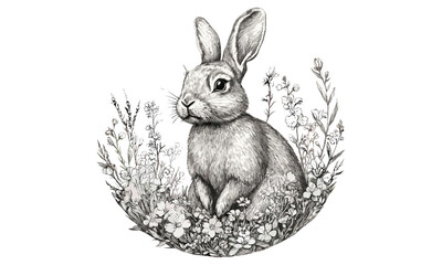 Rustic Rabbit in Spring Flowers, Wildlife Line Art, Vintage Black Sketch, Hand-drawn Animal Illustration, Nature Decor, Countryside Style Art, botanical engraving art