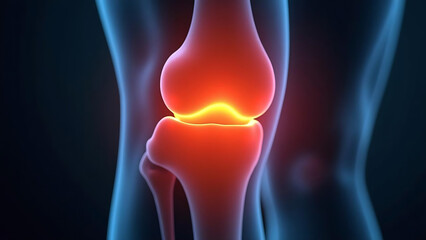 Detailed medical visualization of a human knee joint with highlighted inflammation or pain area in bright red and orange hues new image science.