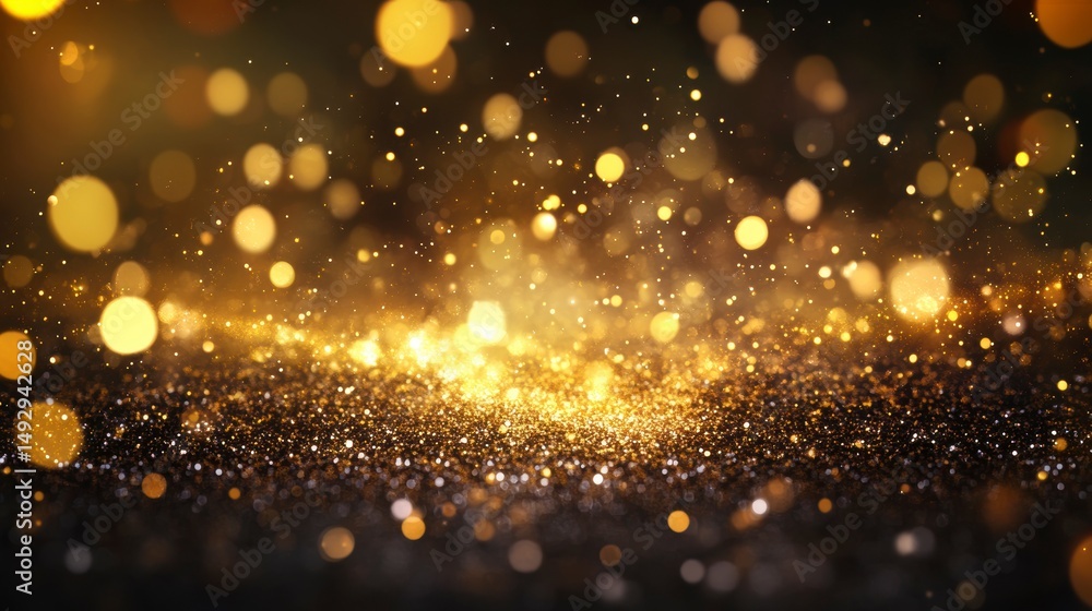 Aufkleber sparkling golden glitter on black background with bokeh lights.