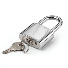 Close-up of a chrome padlock and its key against a white background.  The metallic gleam and smooth design highlight its security features.