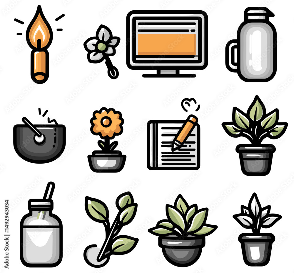 Poster diverse icons of everyday living: a collection of colorful icons depicting essential elements and ob