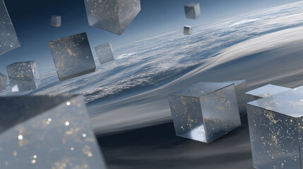 Floating transparent cubes filled with stars above a curved surface