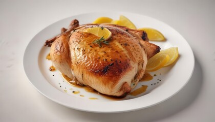 Crispy roasted chicken breast, glistening with citrus marinade, rests on a white plate ,  meal,  cooking,  dinner