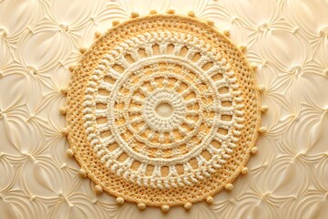 Crocheted round doily exhibits intricate patterns and elegant details on a textured creamy background