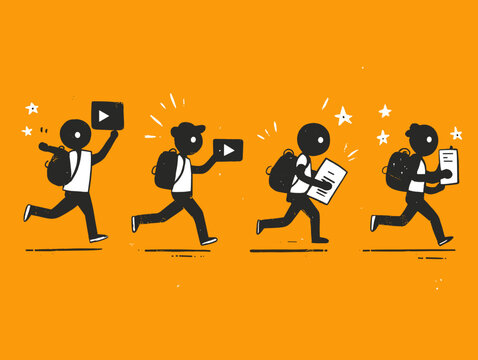 Student learning illustration: The learning proccess of student by using video and text captured in minimalist line art to tell story.