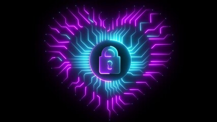 Heart love and romantic symbol digital concept. Cyber technology and computer network background. Pink  ,cyan ,neon heart frame with radiating stripes loop animation.