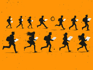 Running for Knowledge: Silhouette figures race against the clock, symbolizing the pursuit of education, with each stride representing a step towards knowledge and deadlines.