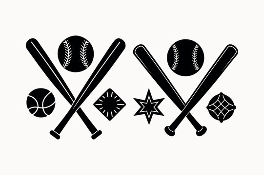 Baseball element set vector silhouette on white background